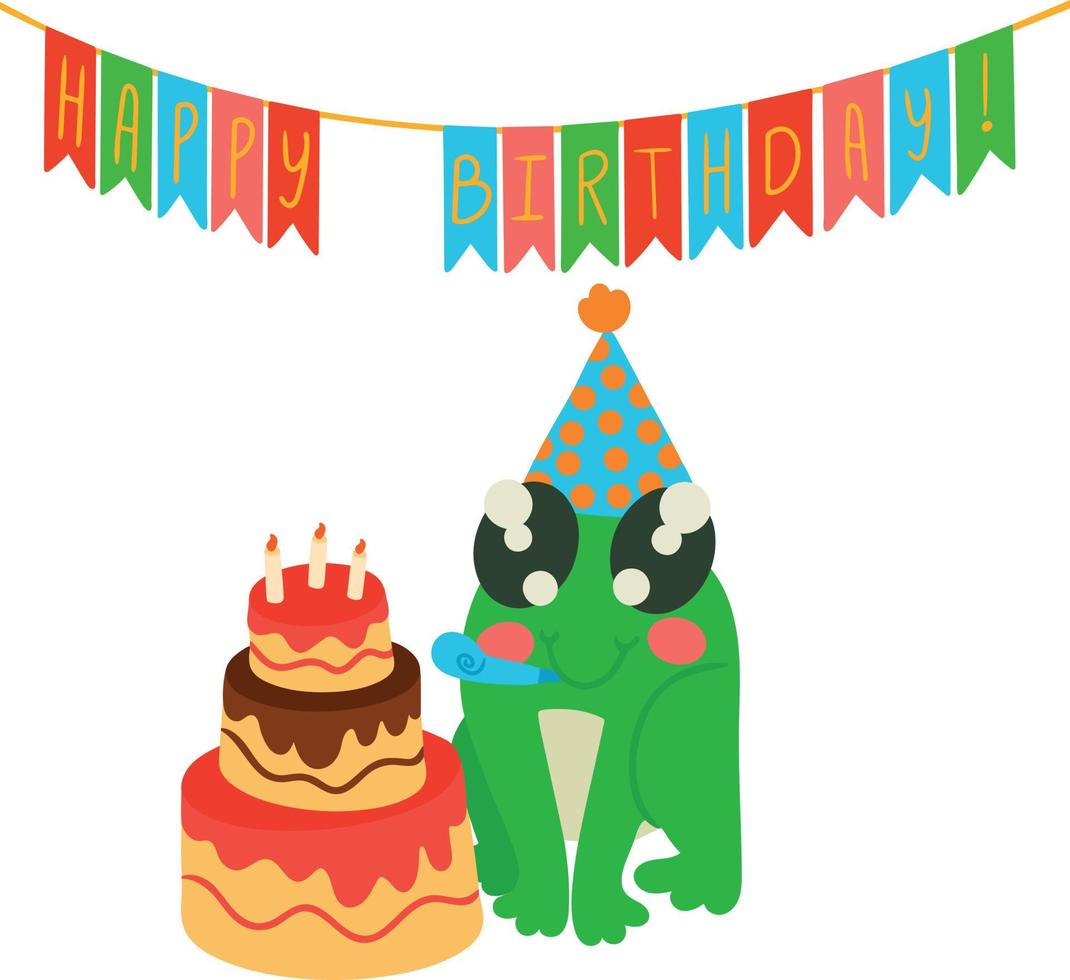 Greeting card with cute frog in a birthday cap and cake with candles. Vector illustration isolated on white background