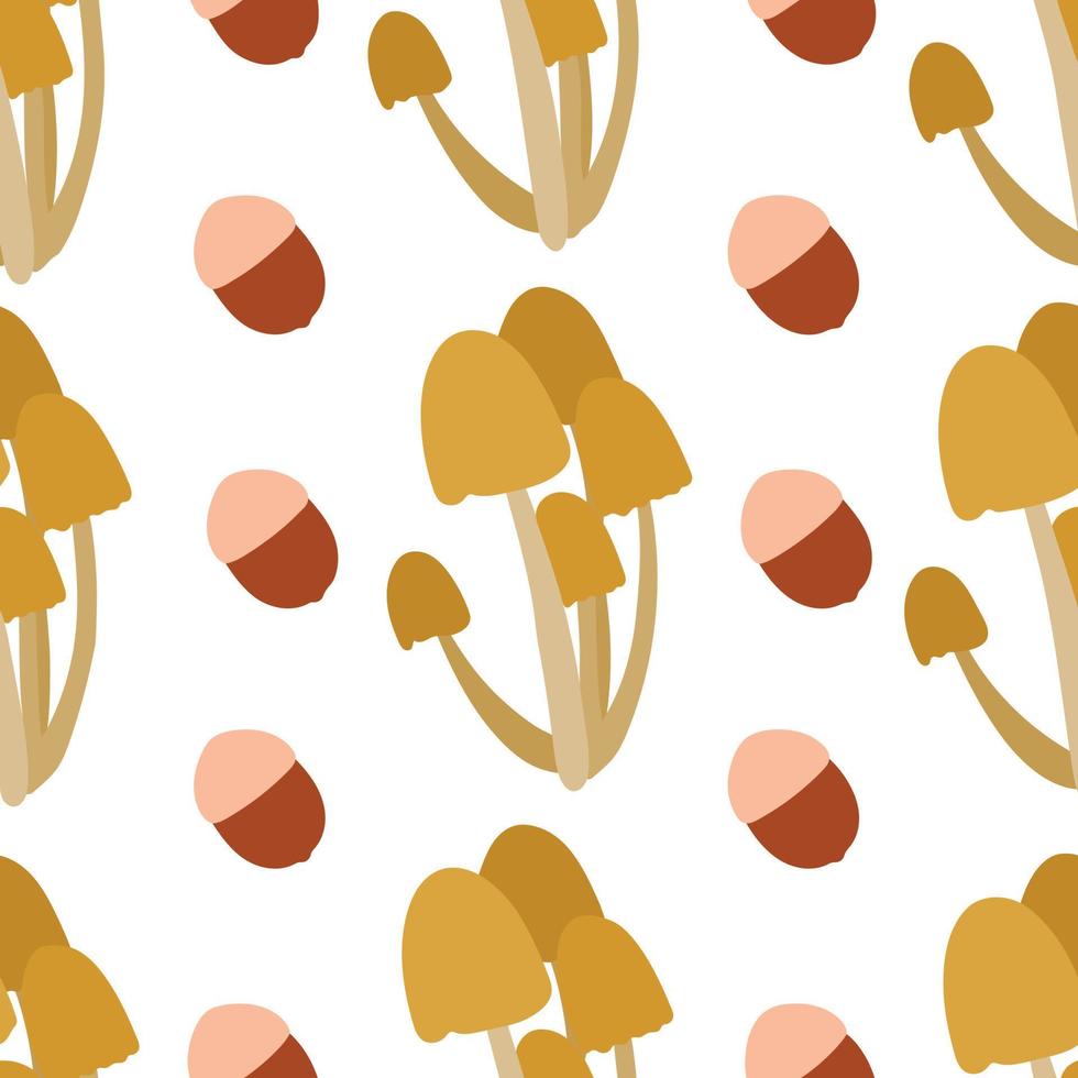 patrón de otoño con setas y bellotas sobre fondo blanco. la ilustración vectorial se puede utilizar para imprimir en postales de tela, papel de envolver y como elemento de diseño para productos temáticos vector