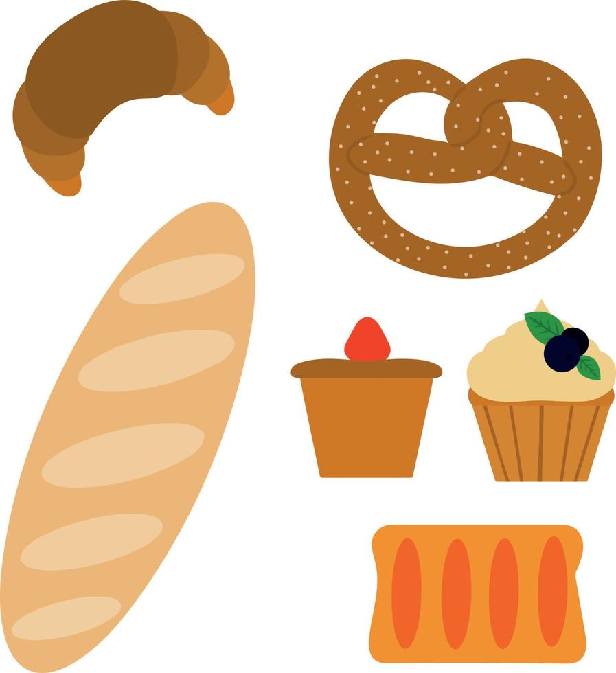 conjunto de diferentes tipos de pasteles. croissant baguette patty muffins pretzel. Imagen aislada sobre fondo blanco. elemento de diseño ilustración vectorial vector