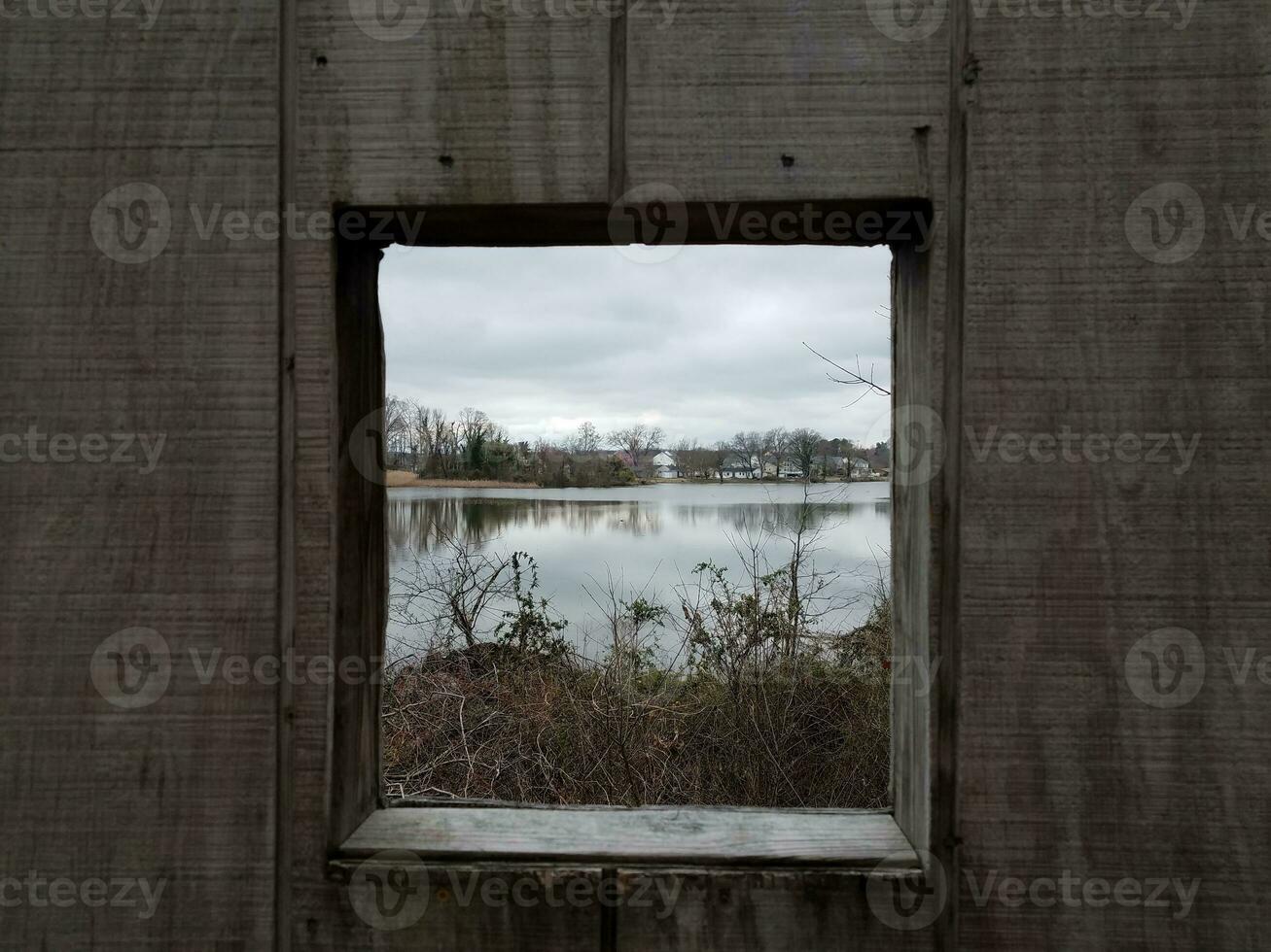 wood bird blind window or frame with water and plants photo