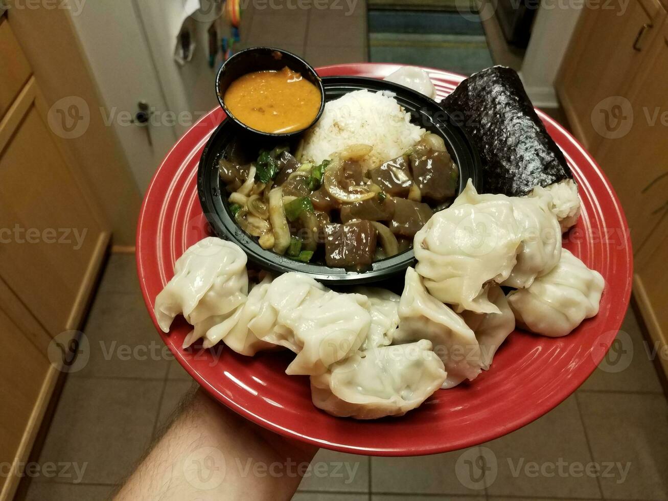 hand holding red plate with dumplings, tuna, and seaweed photo