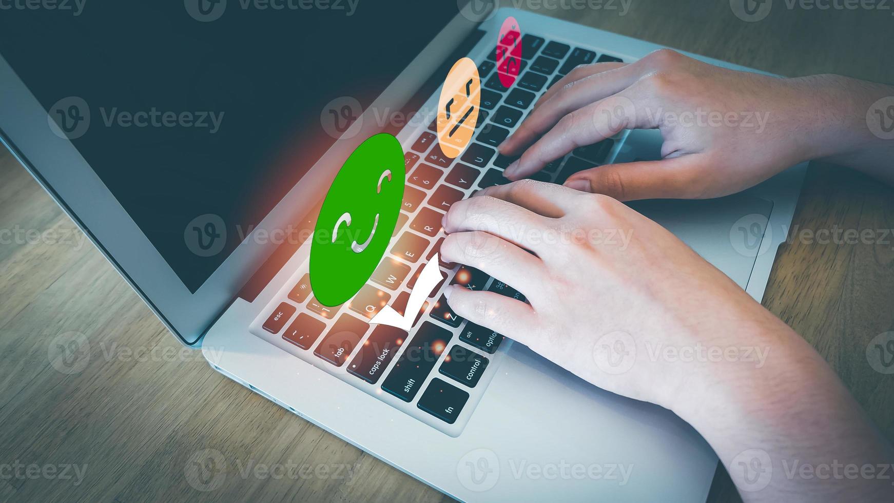 Concept of customer's satisfaction and service, businesswoman using laptop to express their opinions, answers and satisfied scores. photo
