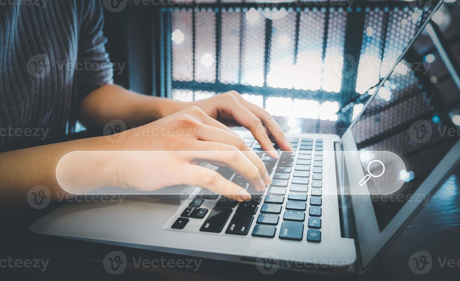 SEO Search engine optimization, Search technology, women's hands using a computer keyboard to search for information, using websites search bar to find the desired information or shopping online. photo
