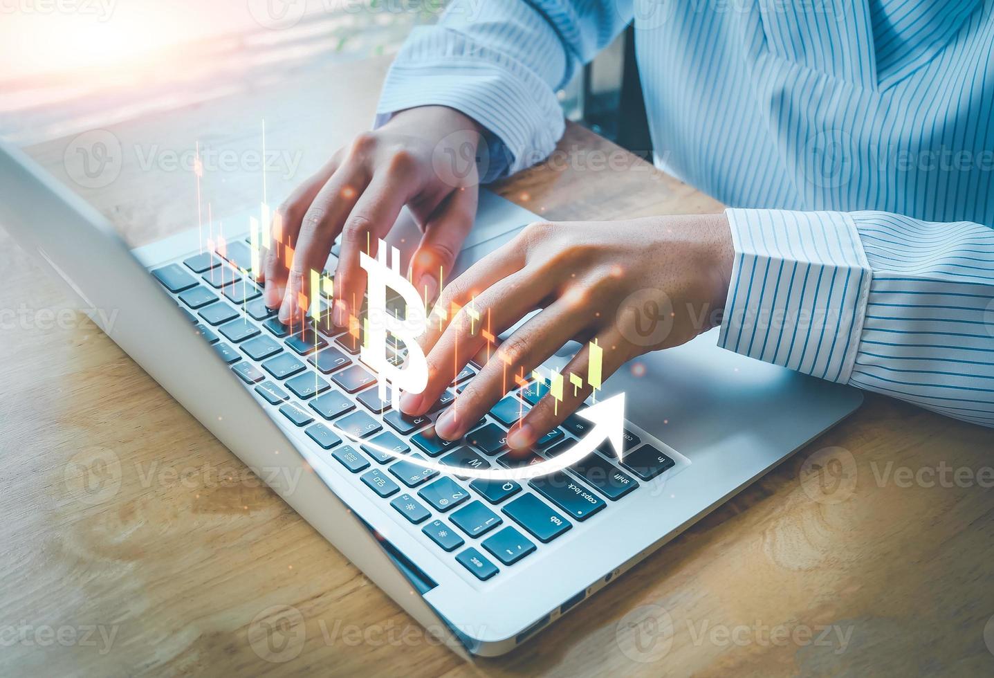 Cryptocurrency Investment with blockchain technology, bitcoin on candle graph, trade uptrend, save and make a profit with interest, Finance And Investment Concept, woman is typing laptop. photo