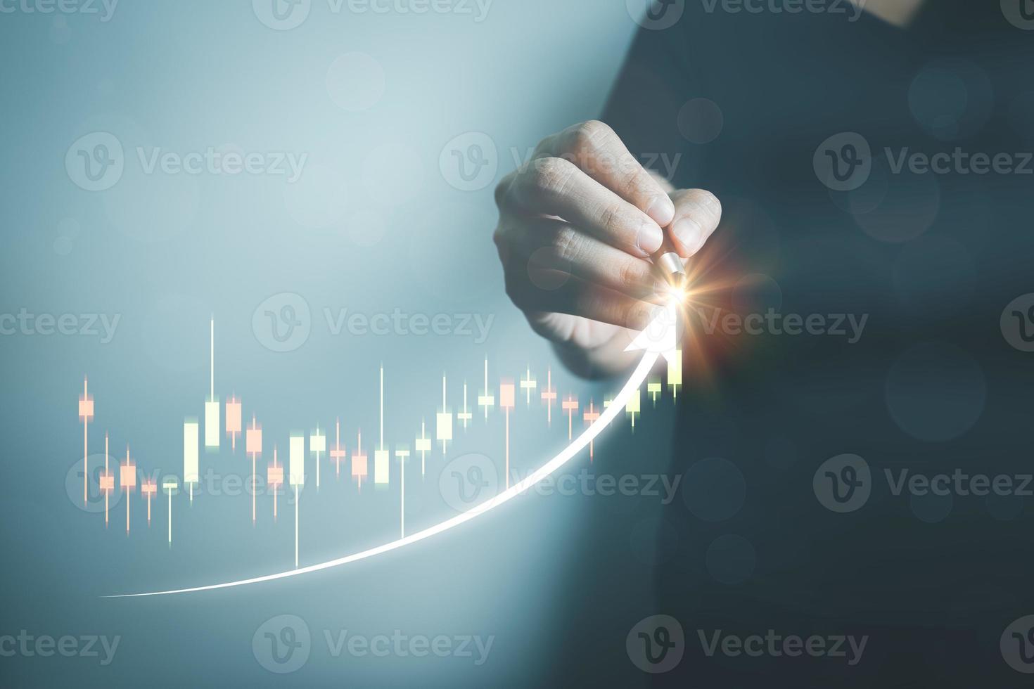Investors are analyzing stocks. Businessman or trader is planning investment and business, stock market growth, forex trading, candlestick strategy, investment progress and success, cryptocurrency. photo