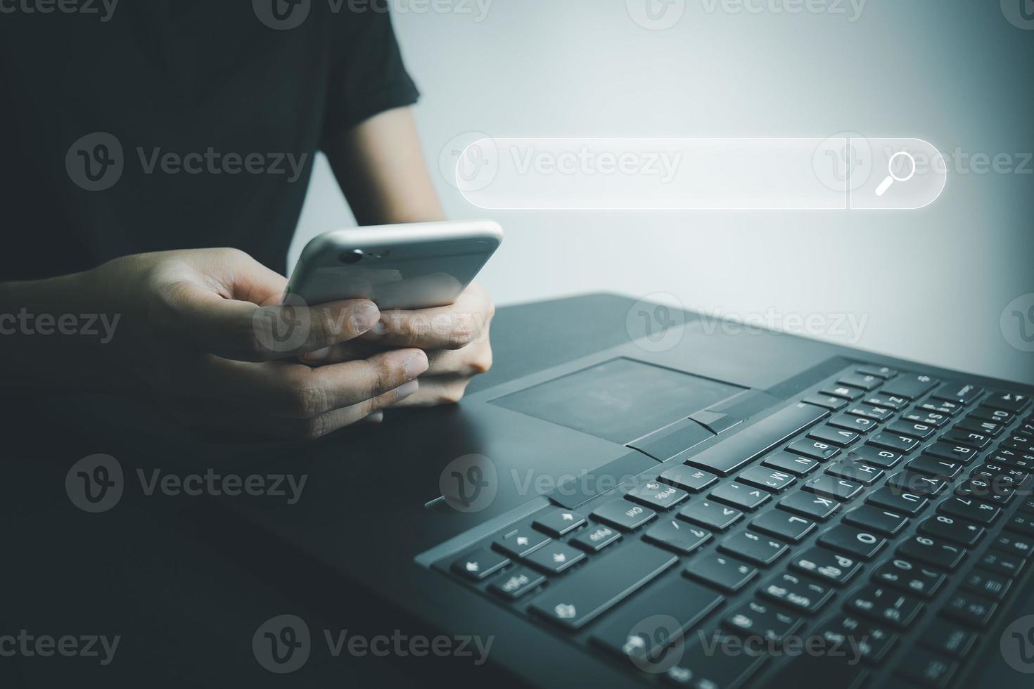Search engine optimization SEO, Concept of search technology on the Internet, hand using search bar on the website. photo