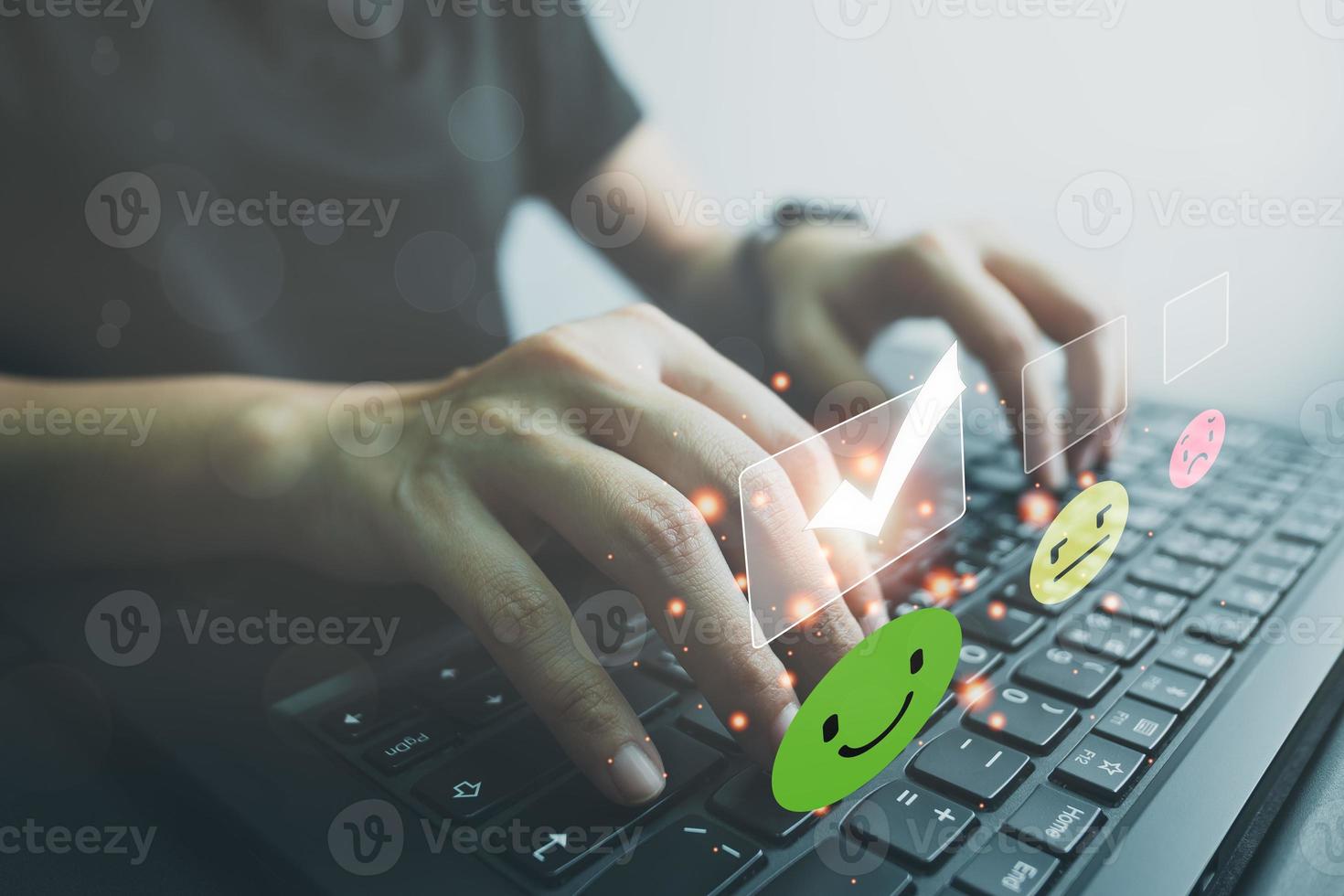 Customer satisfaction concept, choose rating, giving the highest score, very happy and satisfied with excellent service, feedback from guest. photo