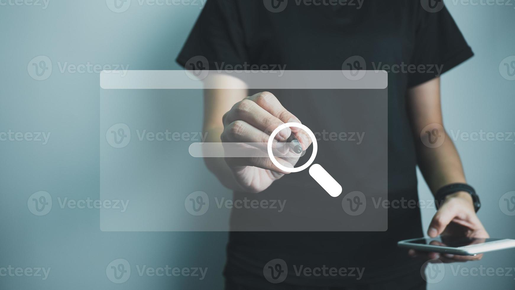 SEO Search Engine Optimization, Searching for information on Internet with smart phone, using website search bar to find the desired data, global data connection, shopping online. photo