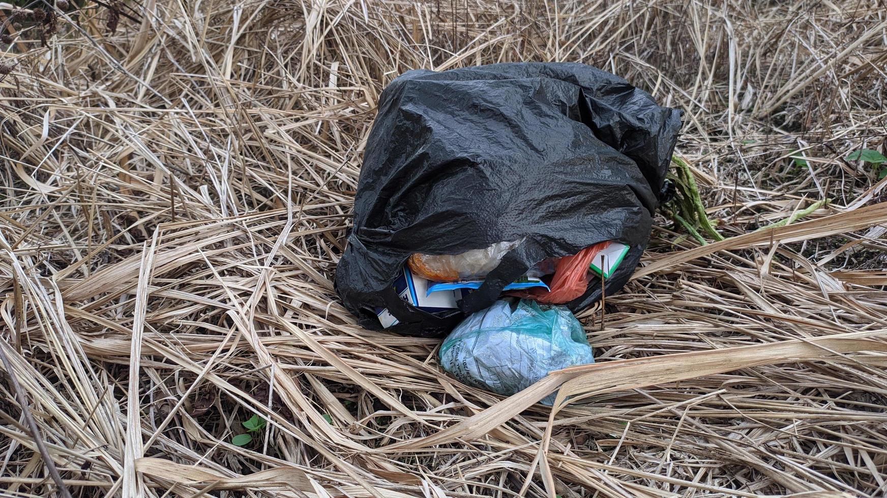 Plastic bags dumped in dry meadows pollute the environment photo