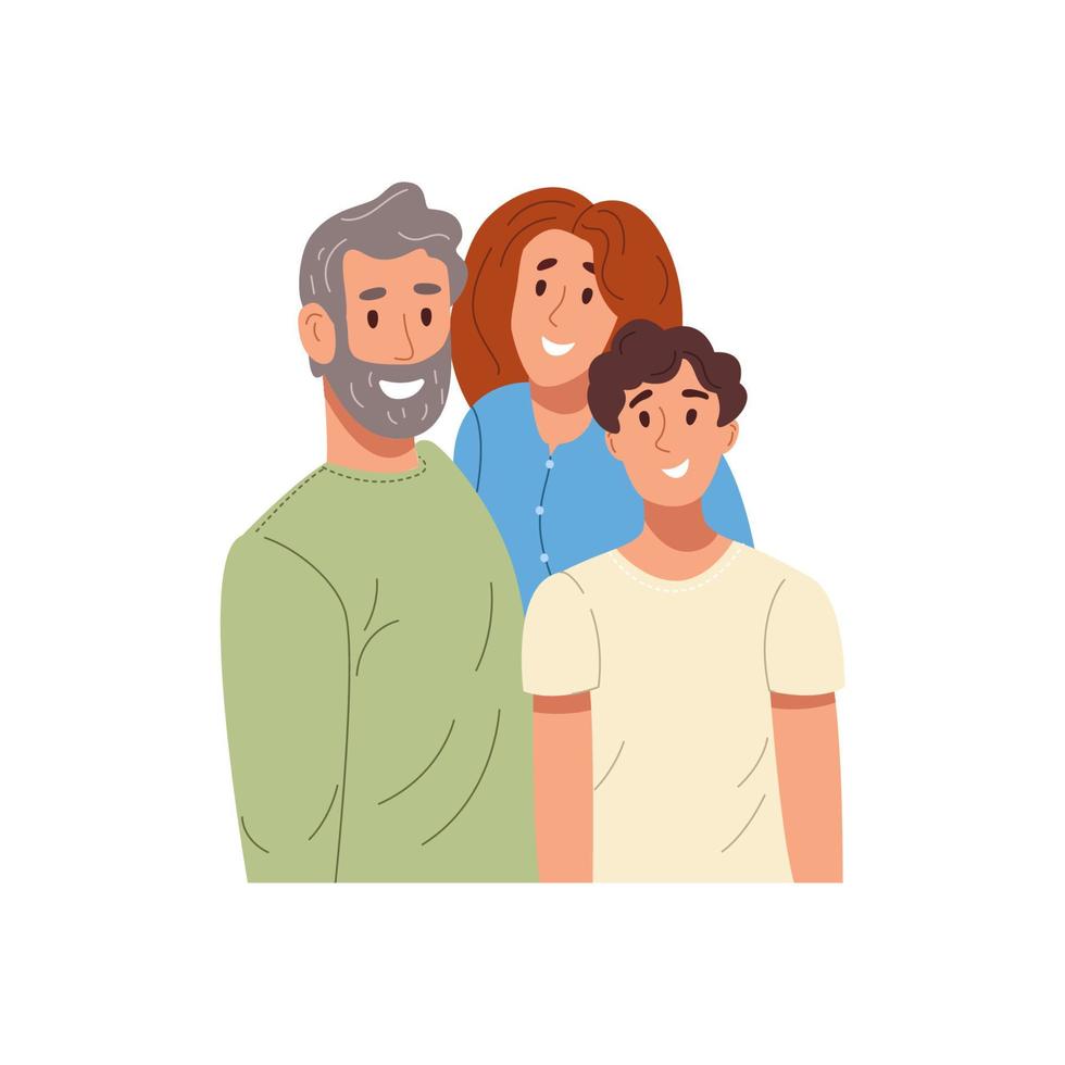 Happy family portrait with old father, mom and son standing next to each other. Healthy friendly relationship concept. Colored flat vector illustration isolated on white background