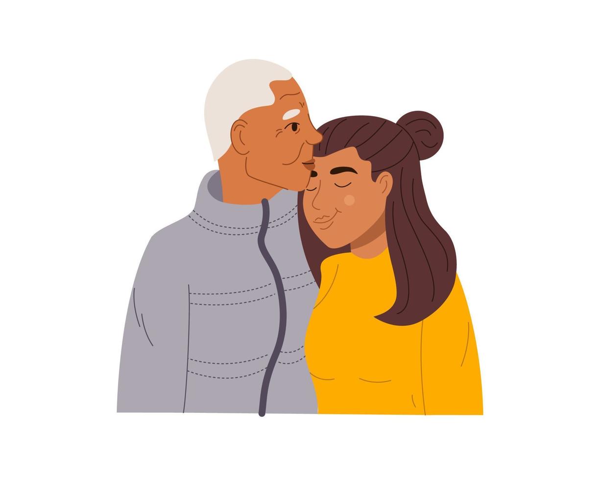 retrato de una hija adolescente y su anciano padre canoso. feliz familia afroamericana negra abraza y siente amor el uno por el otro. ilustración vectorial plana aislada sobre fondo blanco vector