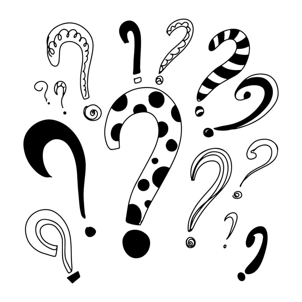 Hand drawn question marks set in doodle style. Cartoon Vector illustration