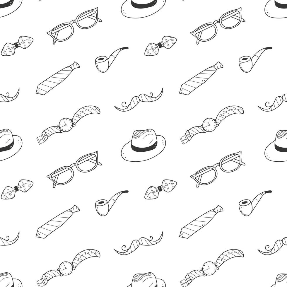 Father's Day holiday seamless pattern with doodle mustache, bow tie, glasses, hat smoking pipe and watch. Hand drawn male items vector illustration