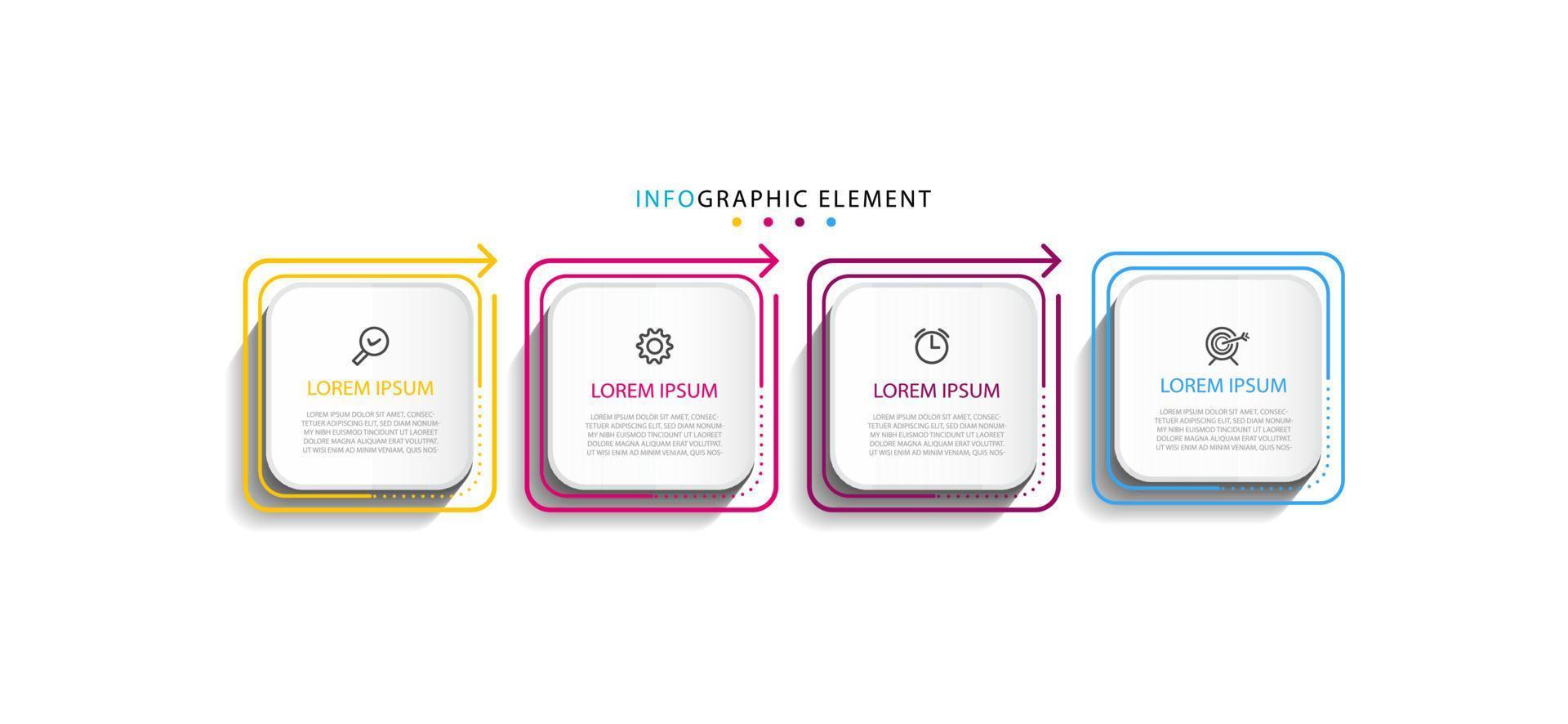 vector de plantilla de diseño infográfico empresarial moderno con iconos y 4 opciones o pasos. se puede utilizar para diagramas de proceso, presentaciones, diseño de flujo de trabajo, banner, diagrama de flujo, gráfico de información. eps10