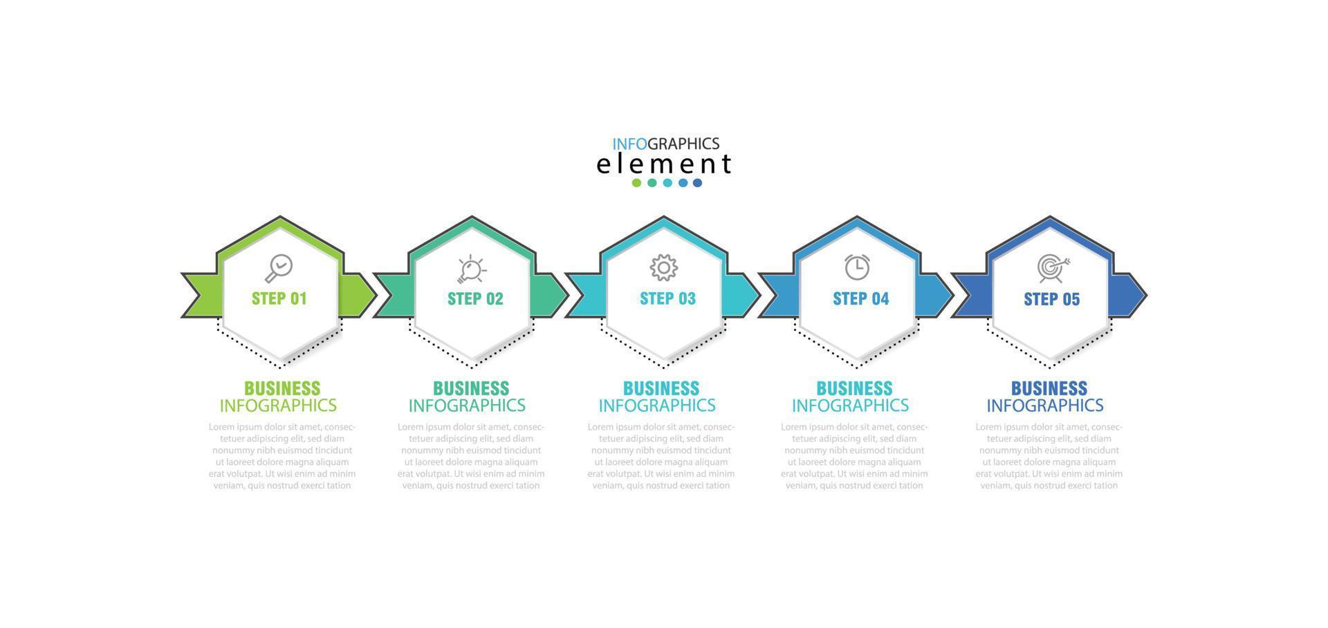 vector de plantilla de diseño infográfico empresarial moderno con iconos y 5 opciones o pasos. se puede utilizar para diagramas de proceso, presentaciones, diseño de flujo de trabajo, banner, diagrama de flujo, gráfico de información. eps10