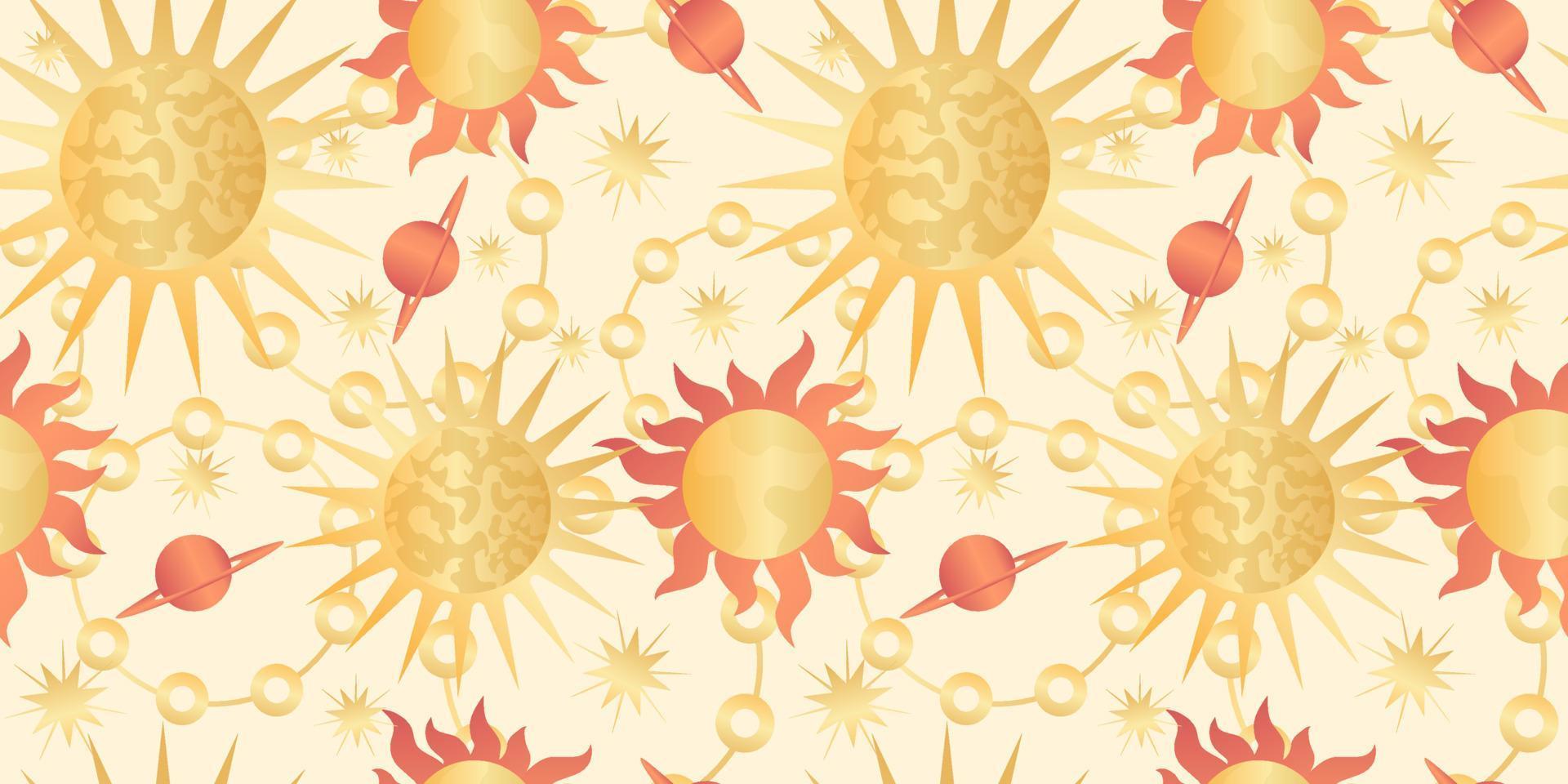 Star celestial seamless pattern with sun and planet. Magical astrology in vintage boho style. Golden sun with rays and moon phase. Vector illustration.