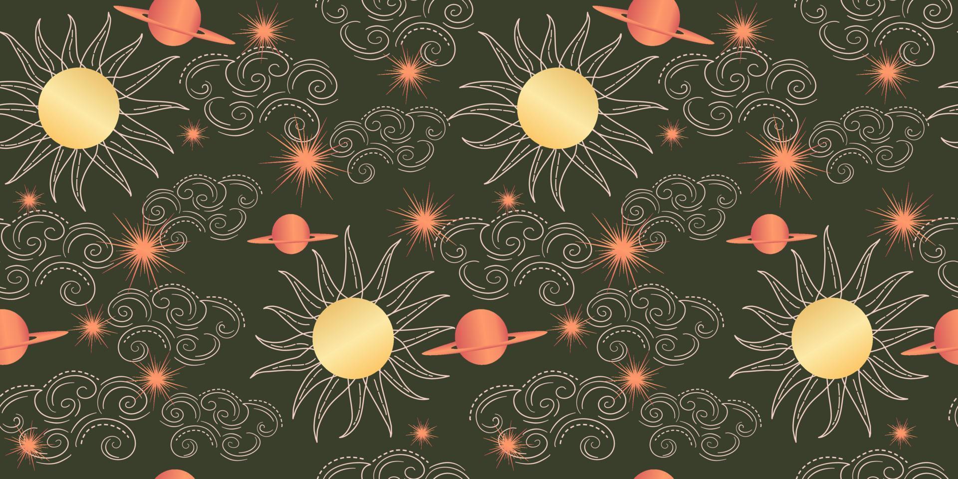 Star celestial seamless pattern with sun and constellations. Magical astrology in vintage boho style. Golden sun with rays, clouds and planets. Vector illustration.