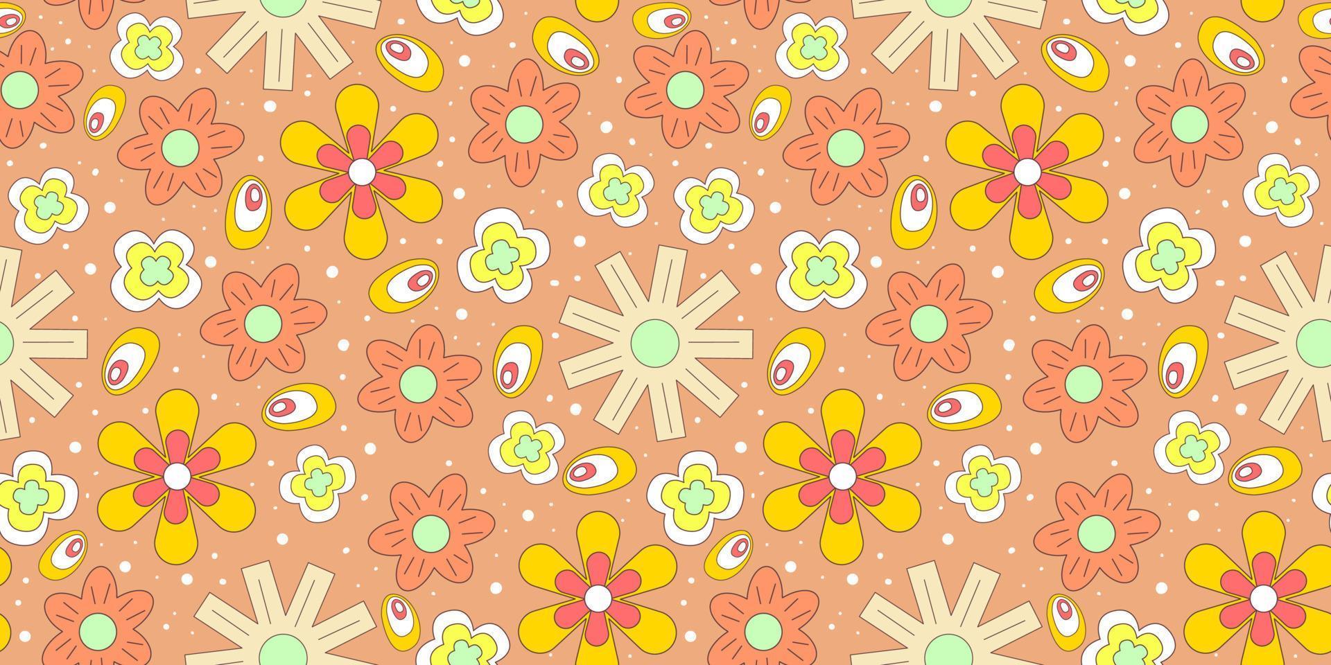 Seamless pattern with retro flowers 70. Psychedelic groovy geometric pattern with flowers. Daisy for hippie background. Flat vector illustration. Psychedelic wallpaper