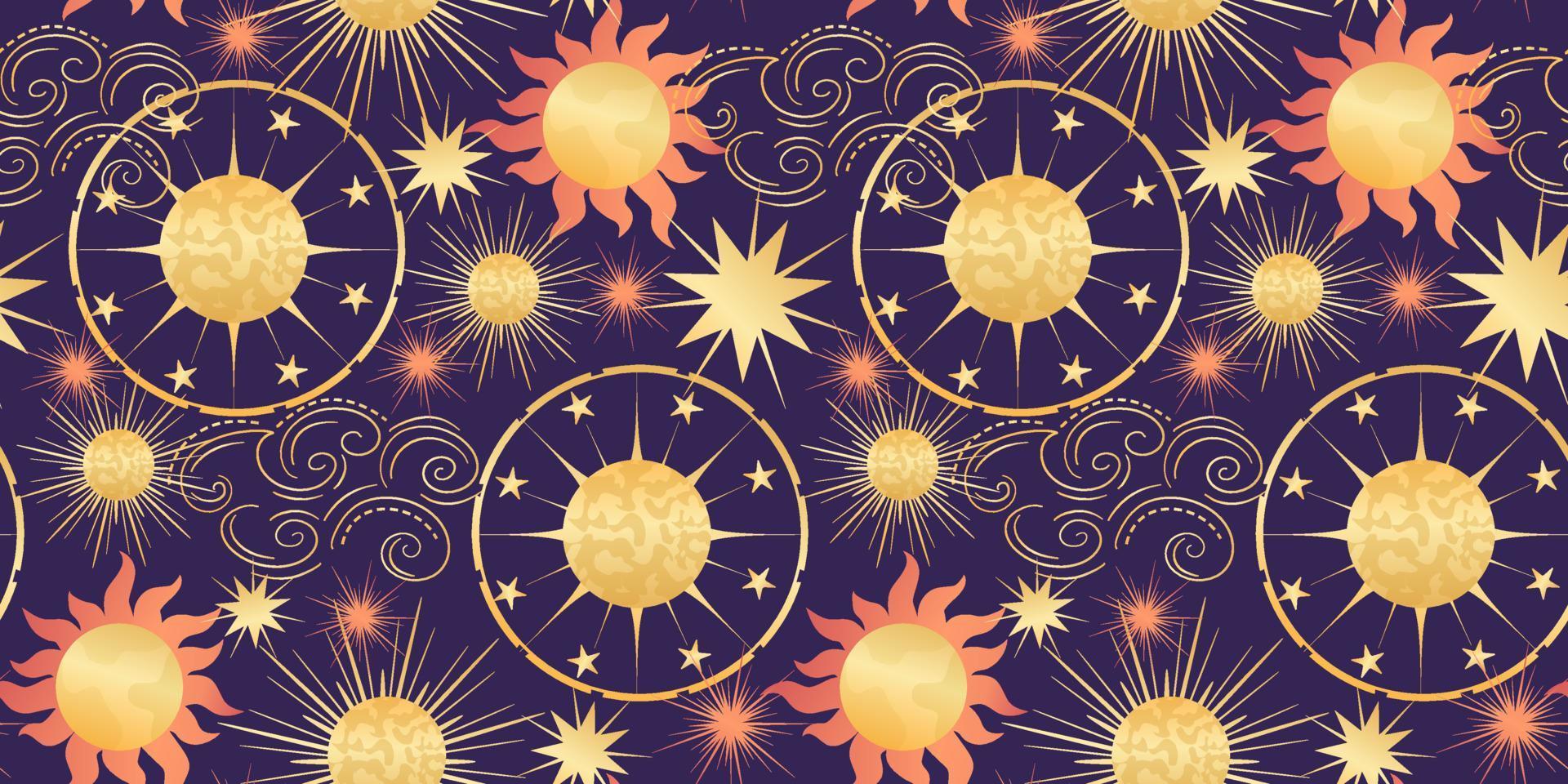 Star celestial seamless pattern with sun and planet. Magical astrology in vintage boho style. Golden sun with rays and stars. Vector illustration