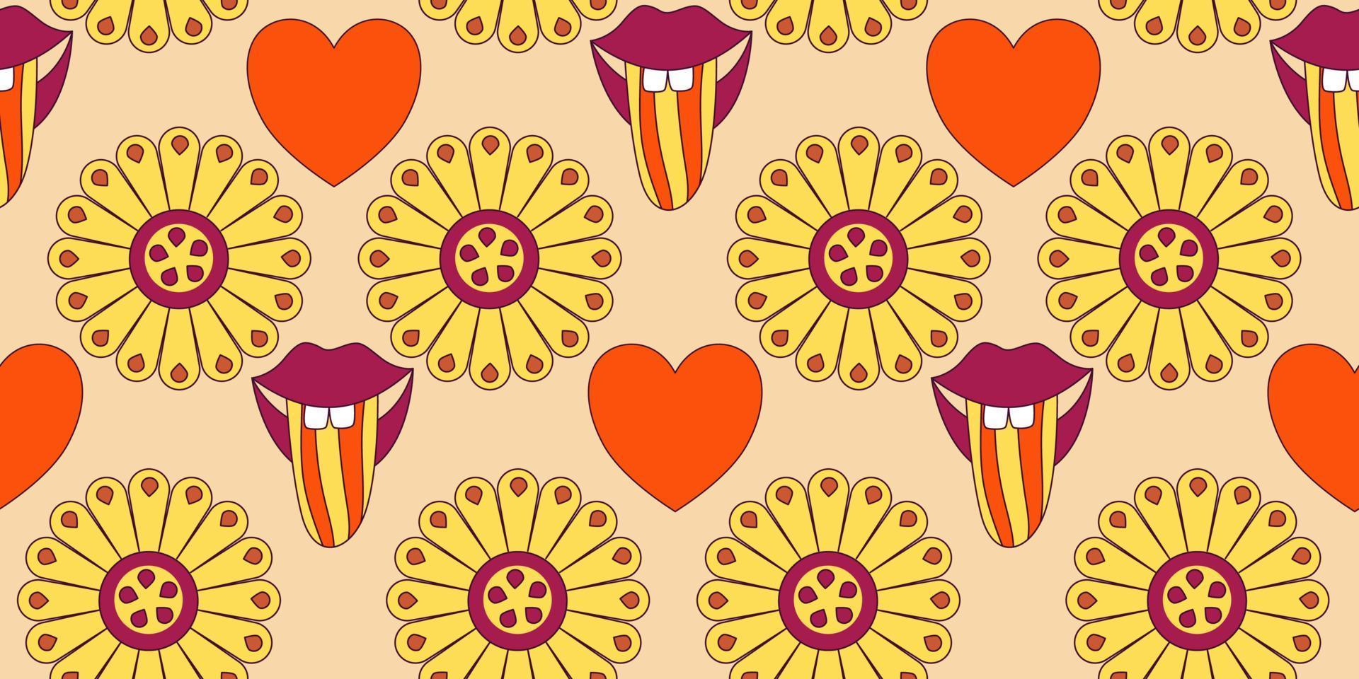 Groovy y2k retro seamless pattern with flower, heart and mouth . Retro vector illustration. Groovy flower background. Colorful hippie seamless pattern illustration