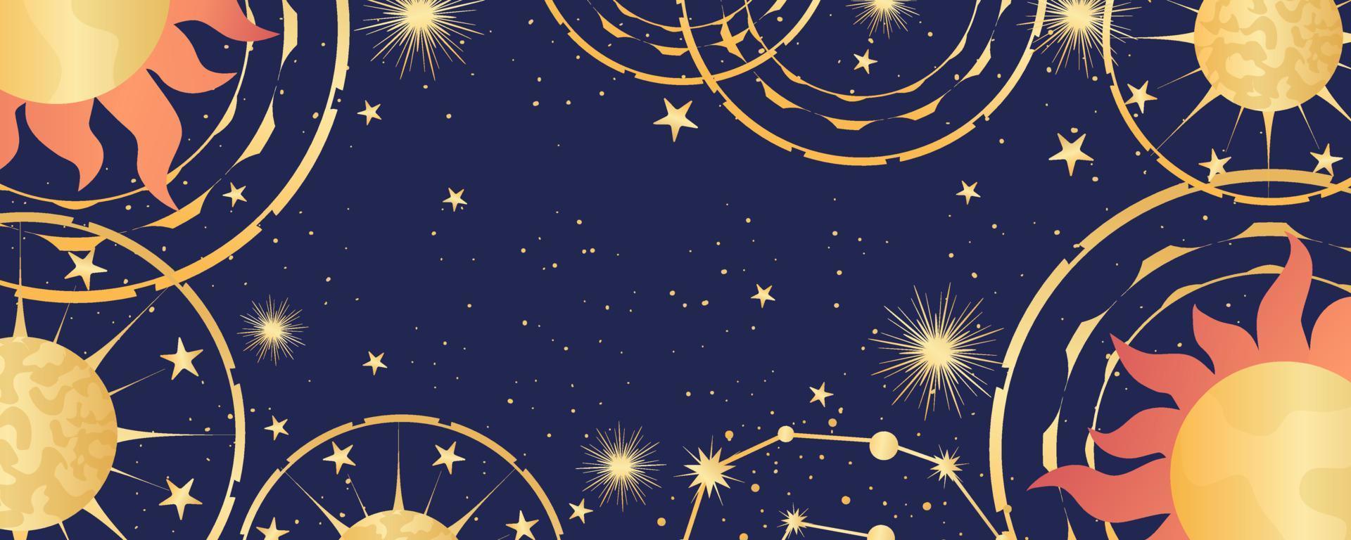 Celestial astrological background with constellations, stars, sun and moon. Mystical astrology, celestial space with golden signs. Vector illustration