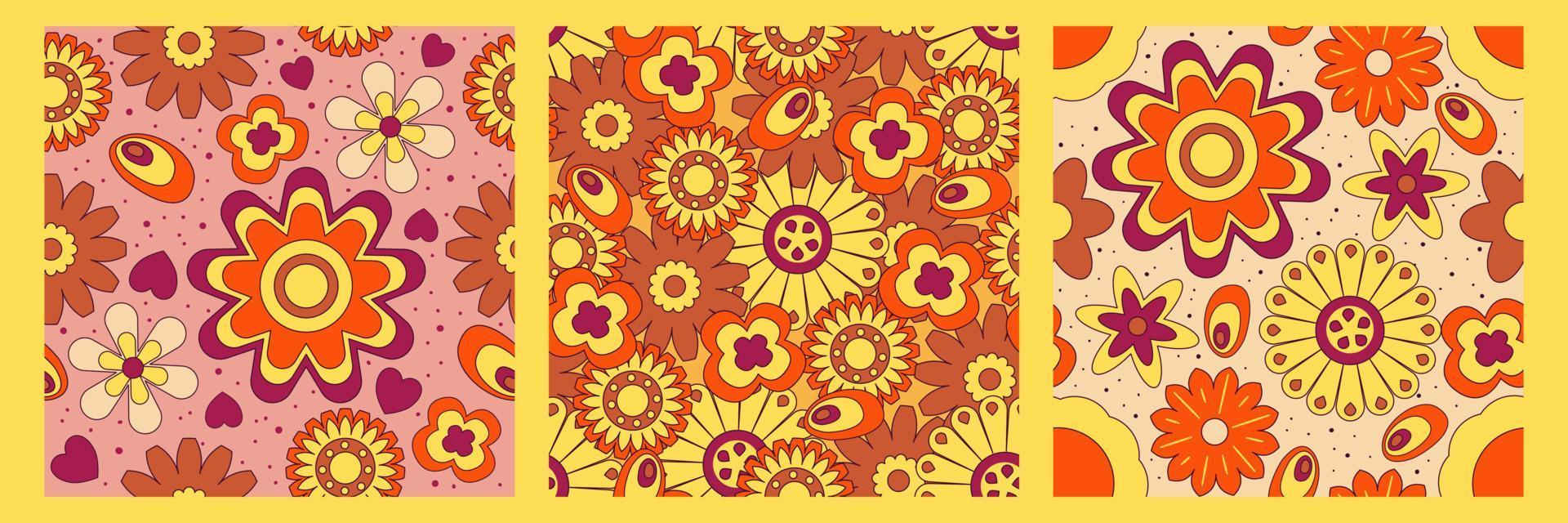 Groovy y2k retro pattern with flower and swirl 70s background. Daisy flower design. Abstract trendy colorful print. Vector illustration graphic. Vintage print. Psychedelic wallpaper