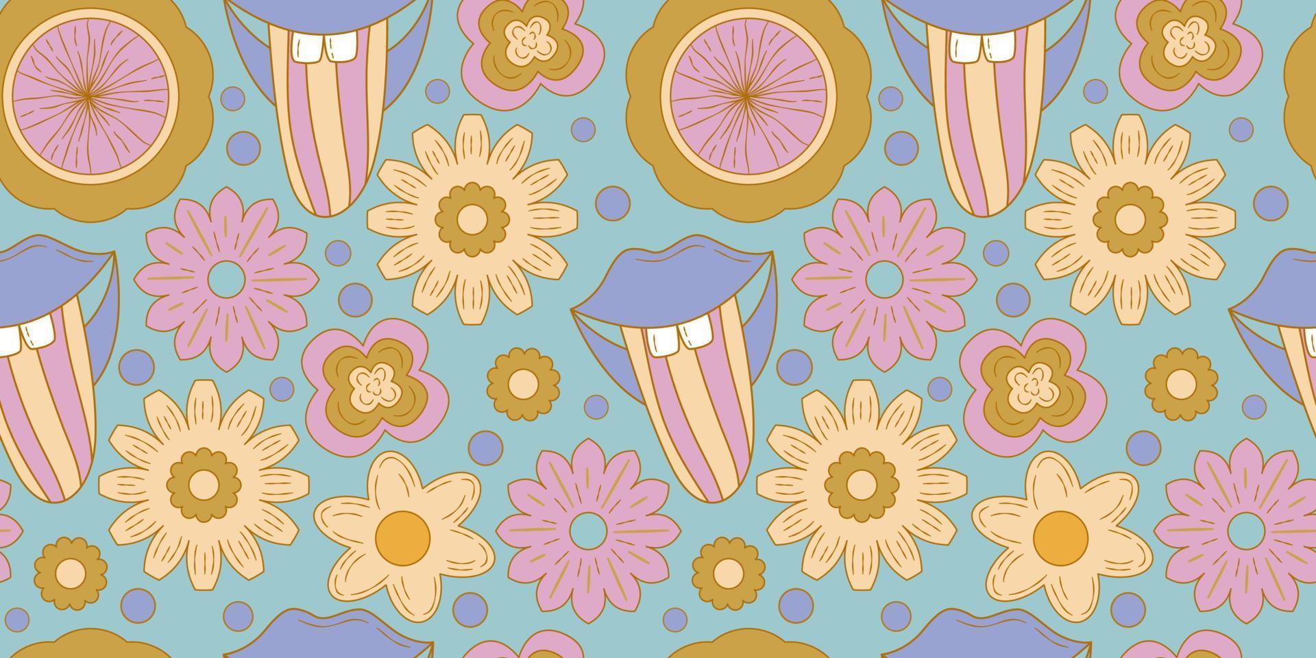 Groovy y2k retro seamless pattern with flower, lips. Retro vector illustration. Groovy flower background. Colorful hippie seamless pattern illustration.