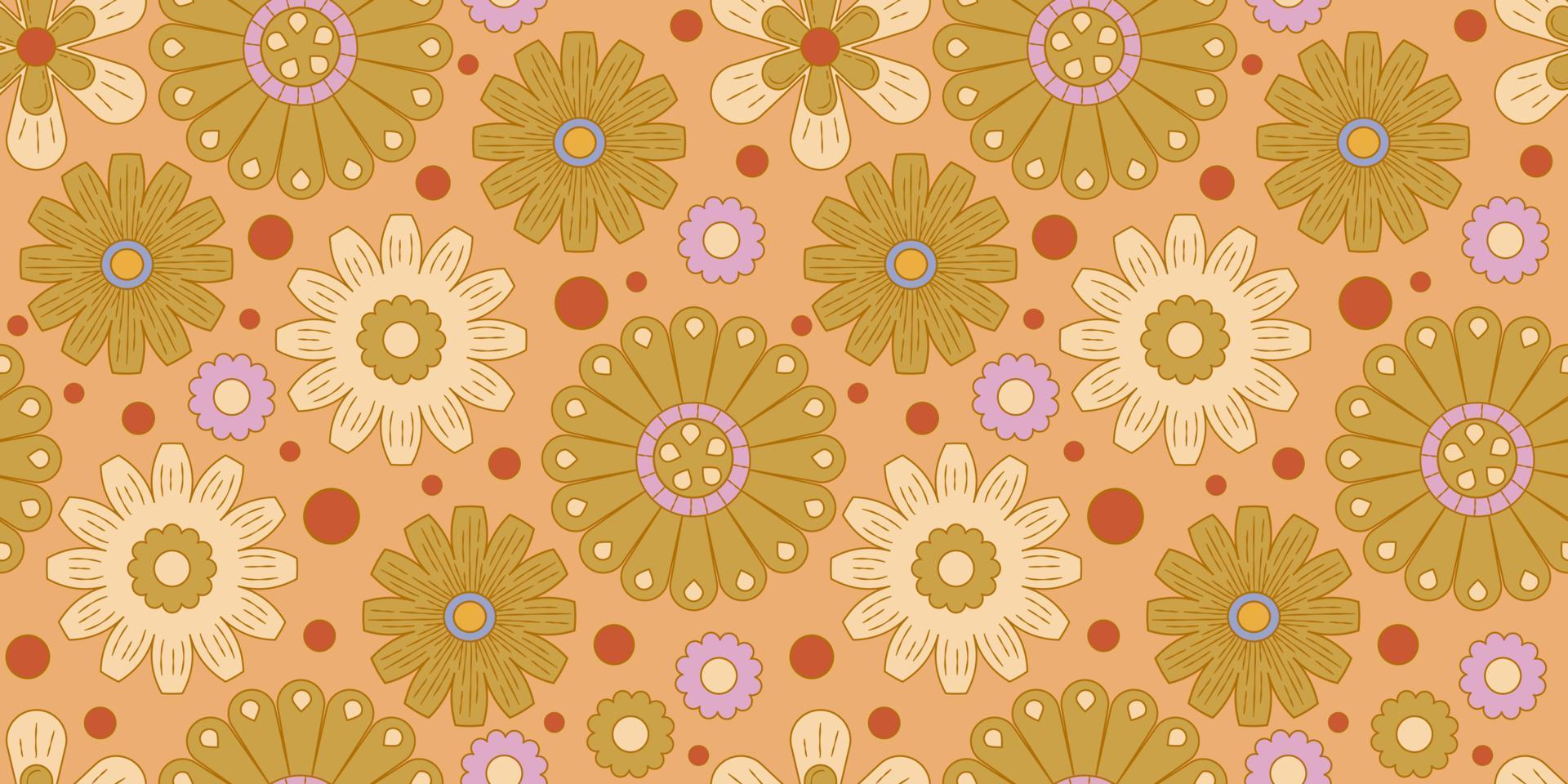 Groovy y2k retro seamless pattern with flower. Retro vector illustration. Groovy flower background. Colorful hippie seamless pattern illustration