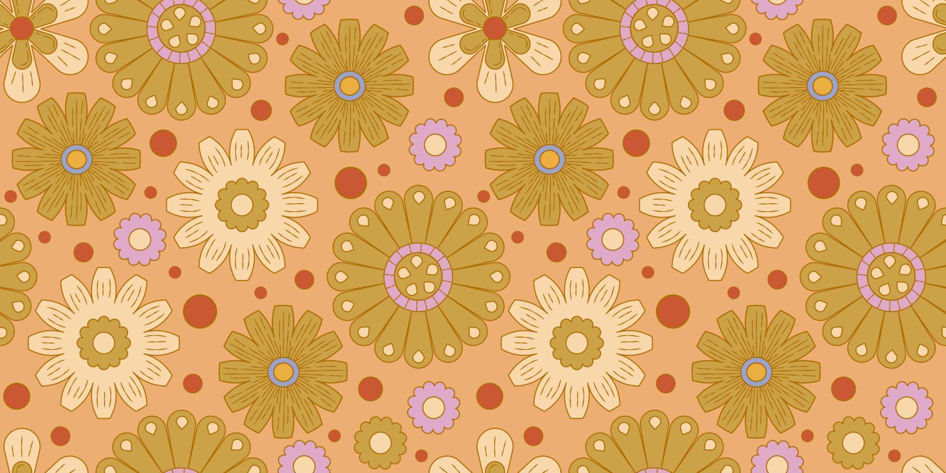 Groovy y2k retro seamless pattern with flower. Retro vector illustration. Groovy flower background. Colorful hippie seamless pattern illustration