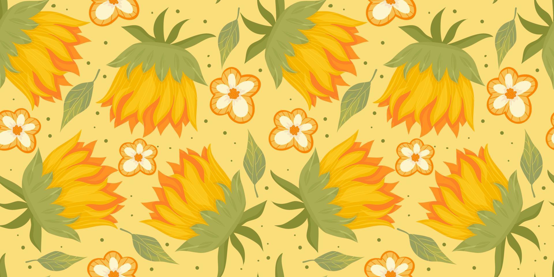 Sunflower seamless pattern with flower, leaf. Cartoon yellow illustration. Floral seamless pattern. Summer bright floral design. Vector illustration