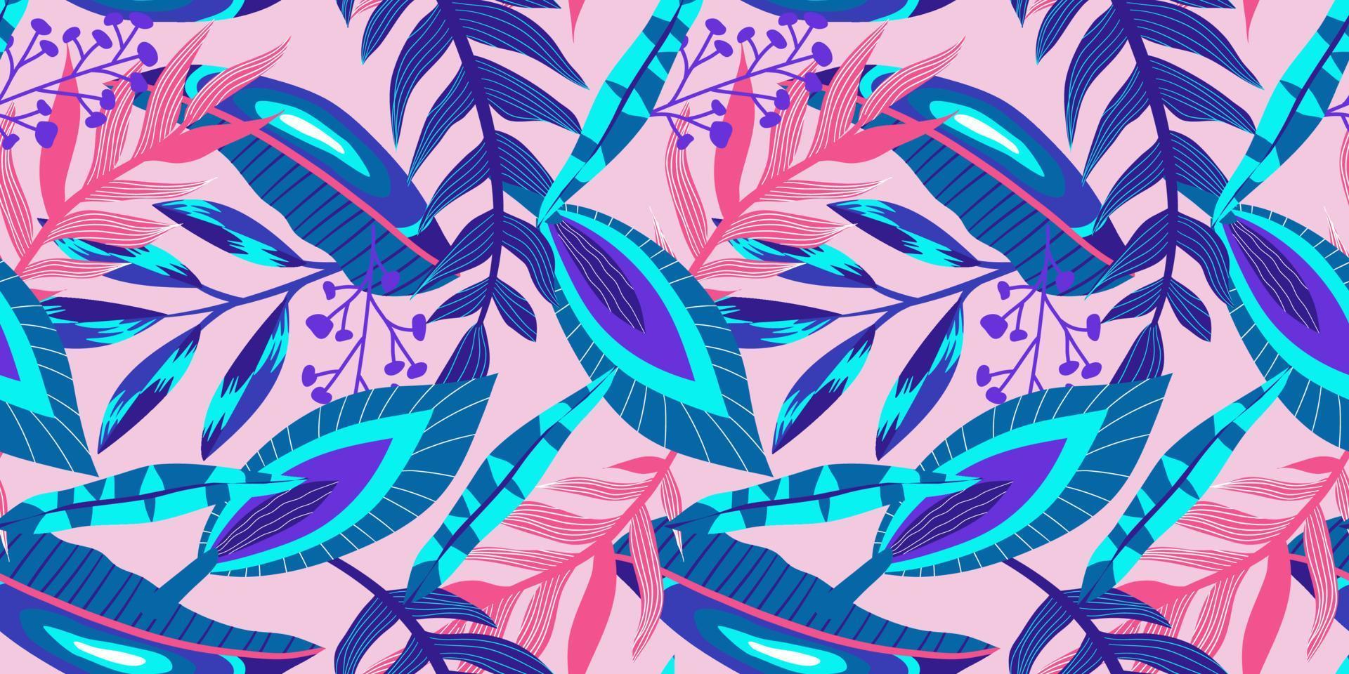 Neon tropic floral seamless pattern on pink background. Floral neon for bright summer design. Tropic jungle in abstract style on pink background vector