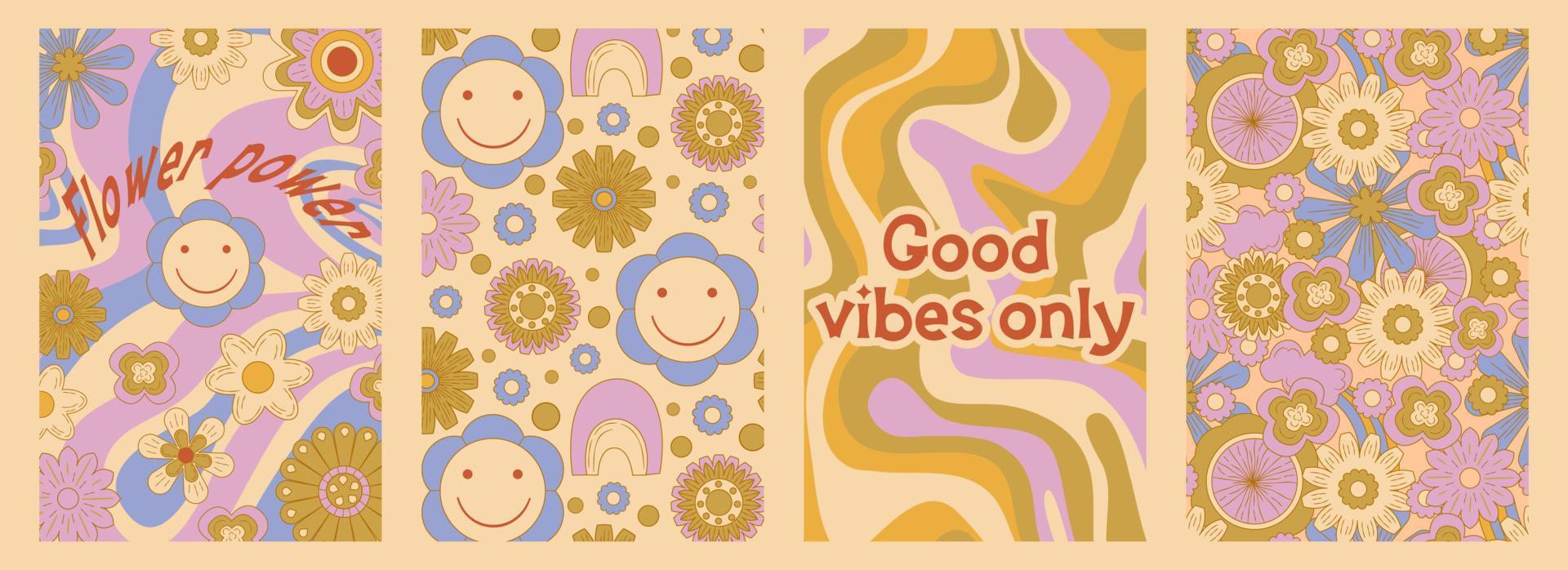 Groovy poster set in cartoon style with slogan and flower daisy. Groovy flower background. Retro 60s 70s psychedelic design. Abstract hippie illustration vector