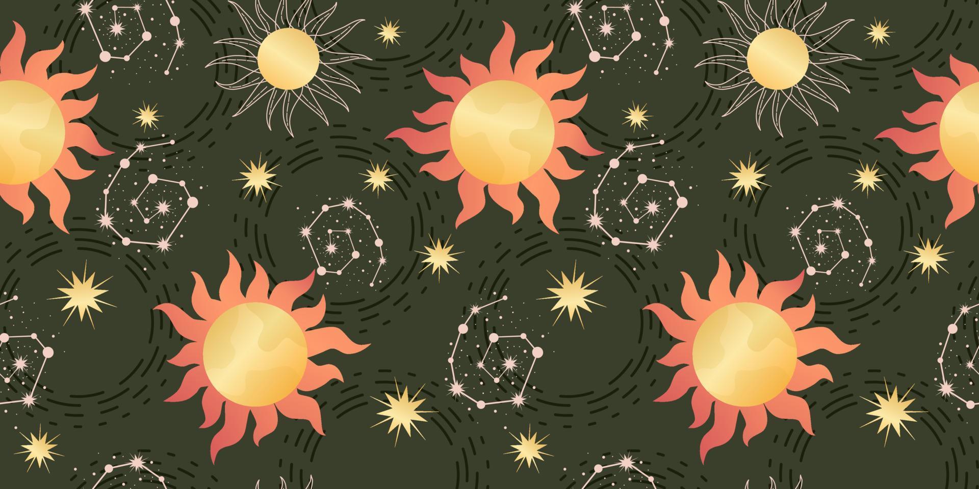 Star celestial seamless pattern with sun and constellations. Magical astrology in vintage boho style. Golden sun with rays and stars. Vector illustration.