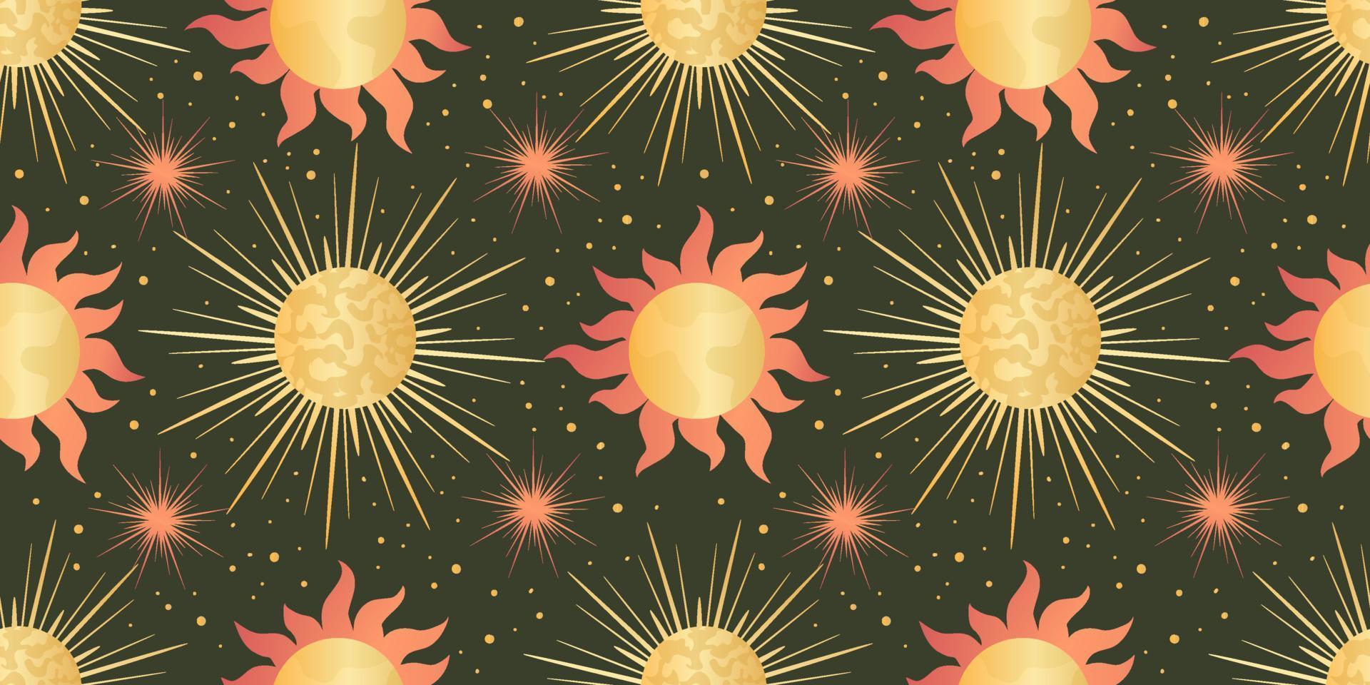 Star celestial seamless pattern with sun. Magical astrology in vintage boho style. Golden sun with rays and stars. Vector illustration
