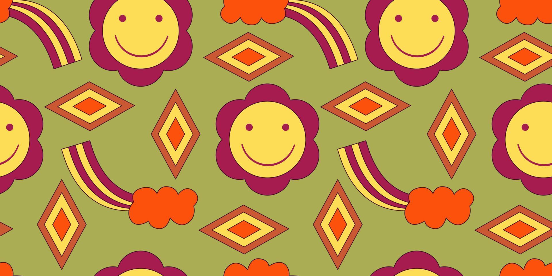 Groovy y2k retro seamless pattern with flower, smile and rainbow. Retro vector illustration. Groovy flower background. Colorful hippie seamless pattern illustration.