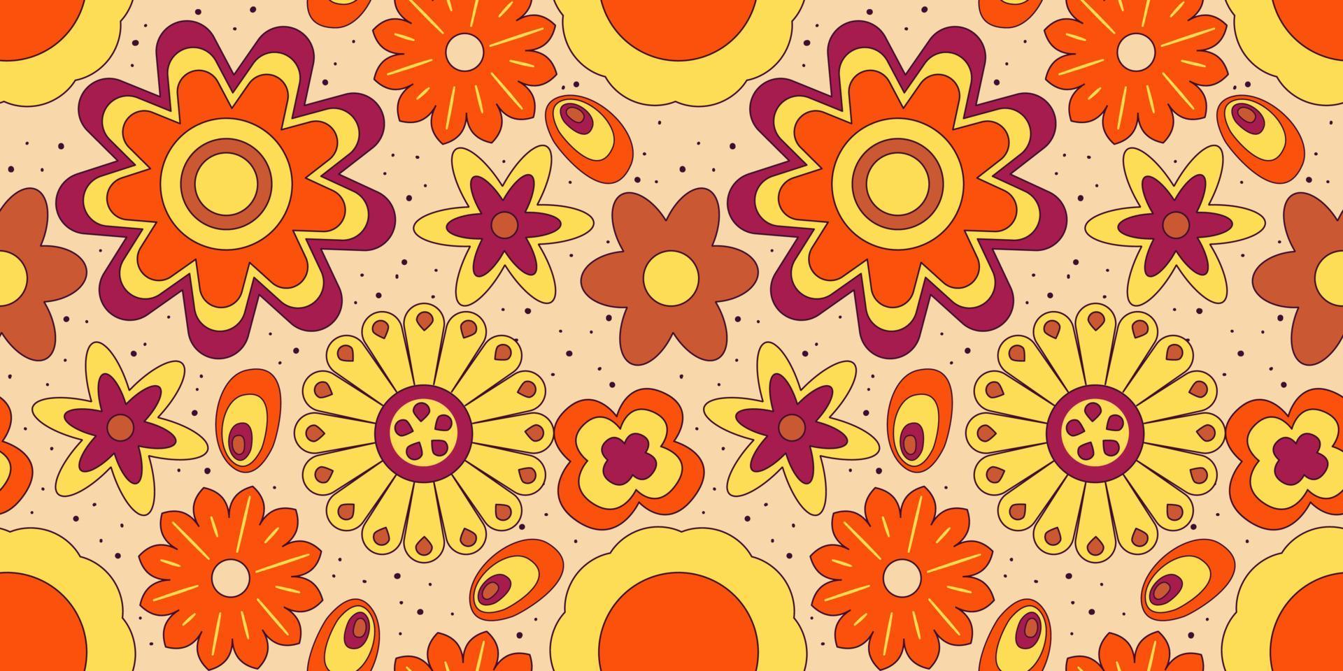 Groovy y2k retro de patrones sin fisuras con flor. ilustración vectorial retro. fondo de flores maravillosas. Ilustración de patrones sin fisuras hippie colorido. vector