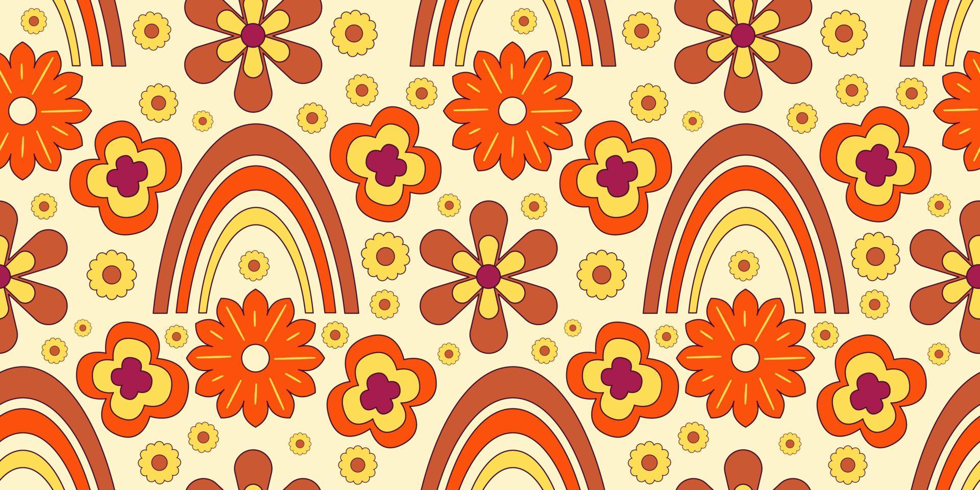 Groovy y2k retro seamless pattern with flower and rainbow. Retro vector illustration. Groovy flower background. Colorful hippie seamless pattern illustration.
