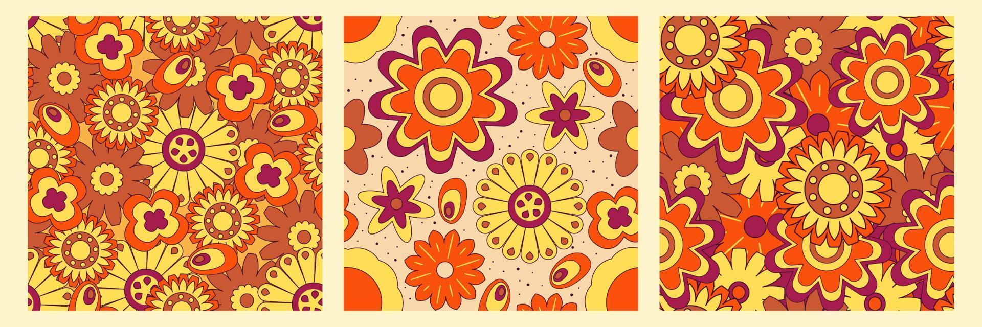 Groovy y2k retro pattern with flower and swirl 70s background. Daisy flower design. Abstract trendy colorful print. Vector illustration graphic. Vintage print. Psychedelic wallpaper