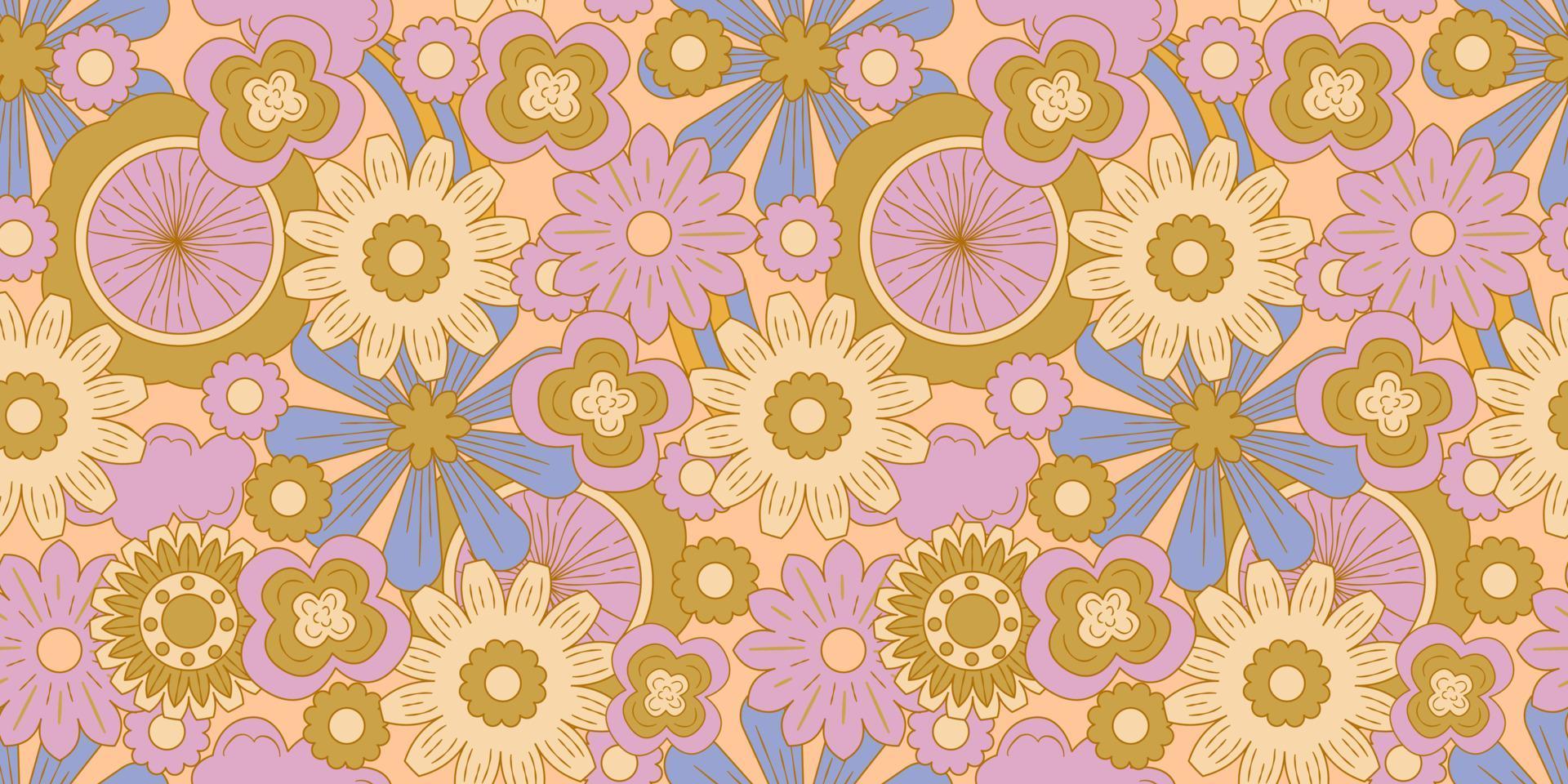 Groovy y2k retro seamless pattern with flower. Retro vector illustration. Groovy flower background. Colorful hippie seamless pattern illustration