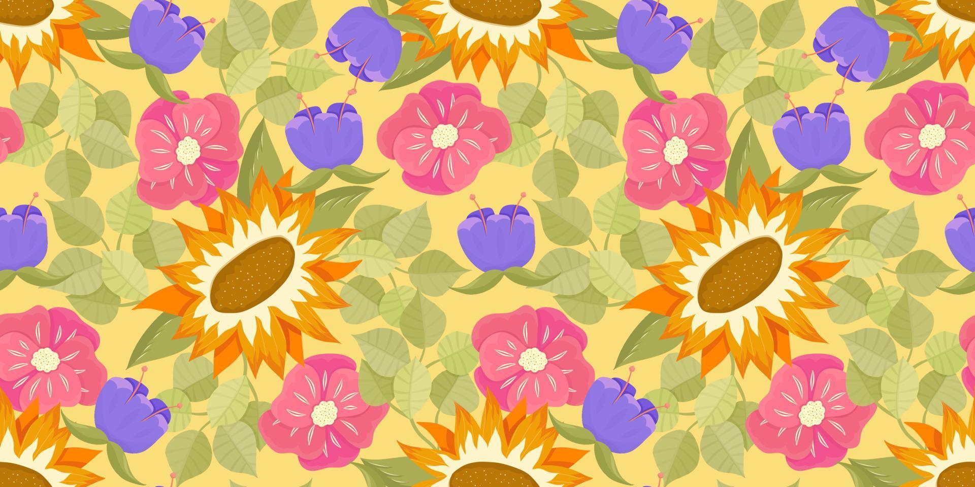 Sunflower seamless pattern with flower, leaf. Cartoon yellow illustration. Floral seamless pattern. Summer bright floral design. Vector illustration