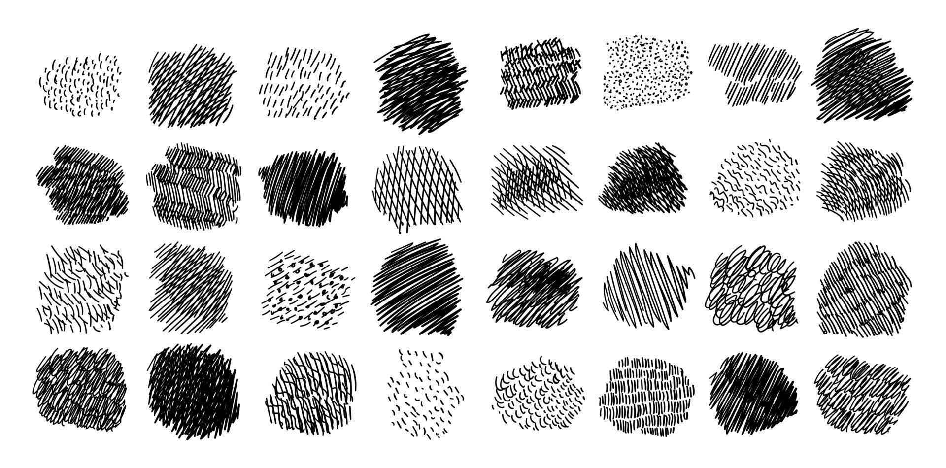 Set of hand drawn hatched scribble symbols isolated on white. vector