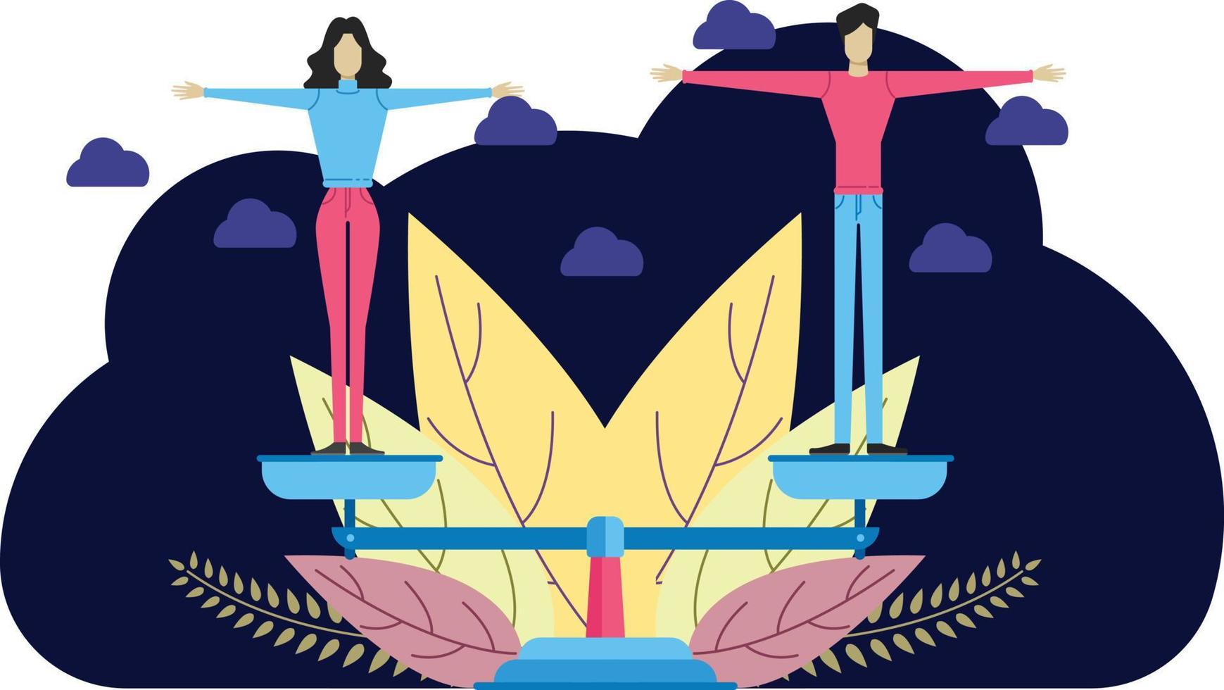 Gender equality flat vector illustration, woman and man standing on a weight scales
