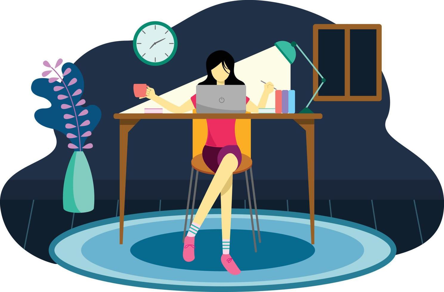 A girl working and studying from home using a laptop vector