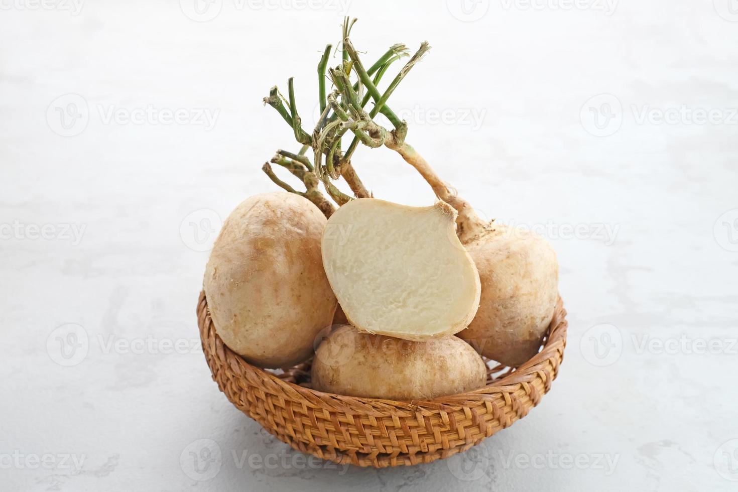 Fresh Jicama or bengkoang, white tubers that can be eaten as salad or for face masks. Prebiotic food, gut health. photo