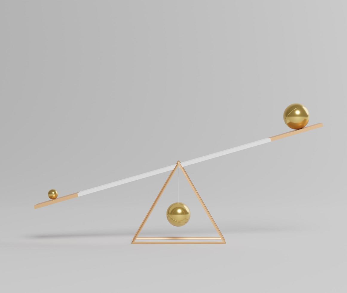 3d abstract simple geometric forms that show the luxury triangle balance scale between two balls by small one heavier than biggest one. Art decorative elements. photo