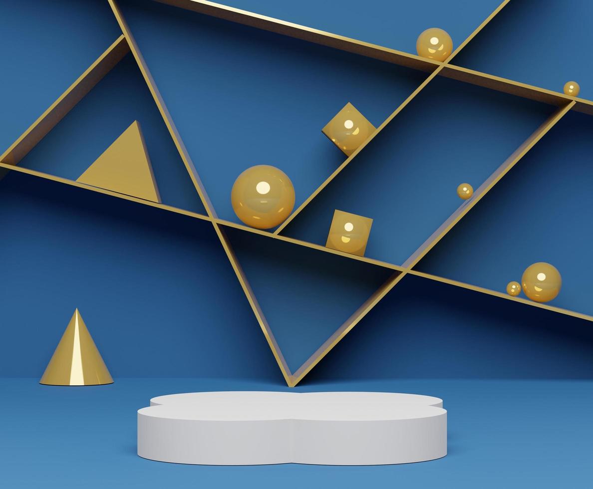 3d abstract minimalist geometric forms. Classic Blue gradients square luxury podium for your design with golden cube and ball background. photo