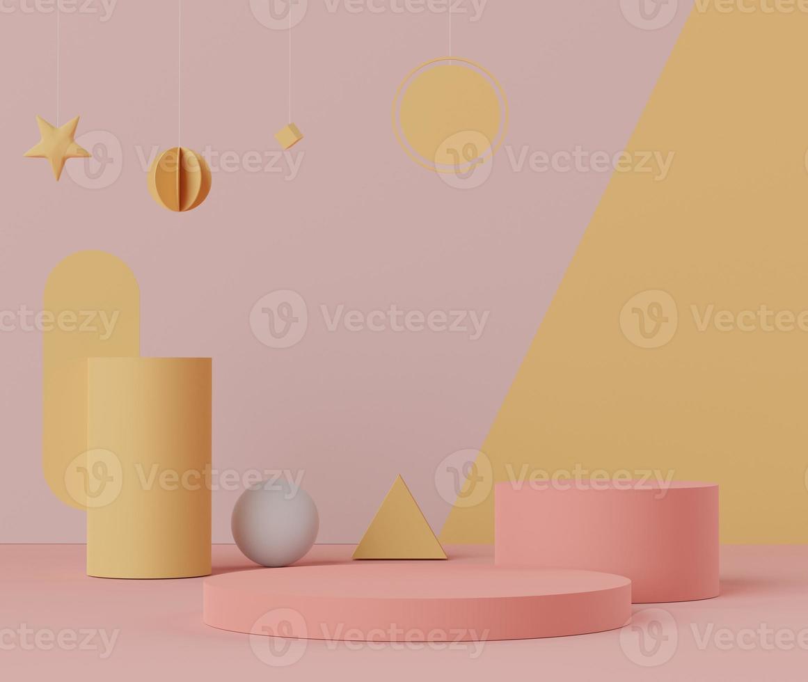 3d abstract minimalist geometric forms. Luxury podium display in  Yellow paper cut theme. Fashion show stage,pedestal, shopfront for display. photo