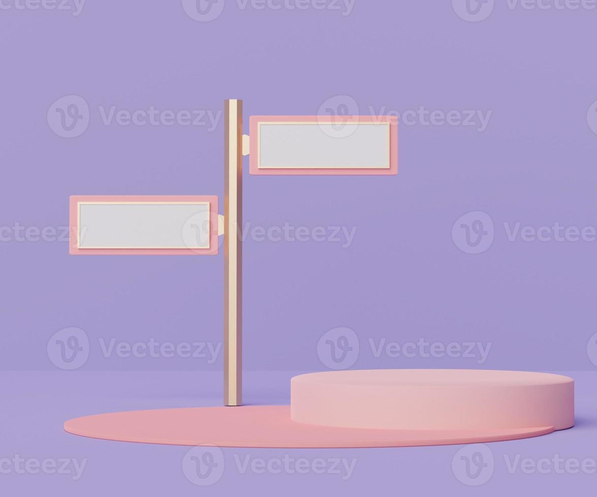 3d geometric forms. Cylinder podium in coral pink color. Fashion show stage,pedestal, shopfront with blank signpost. Minimal scene for  product display. photo