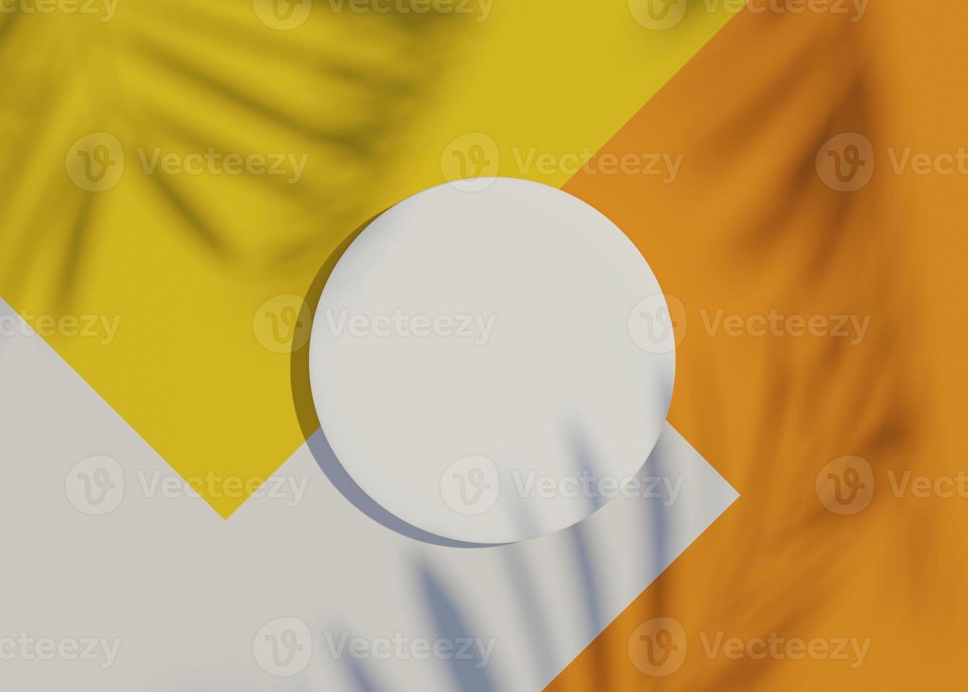 3d render top view of white blank cylinder frame for mock up and display products with shadows of palm leaves and white yellow and orange color background. photo