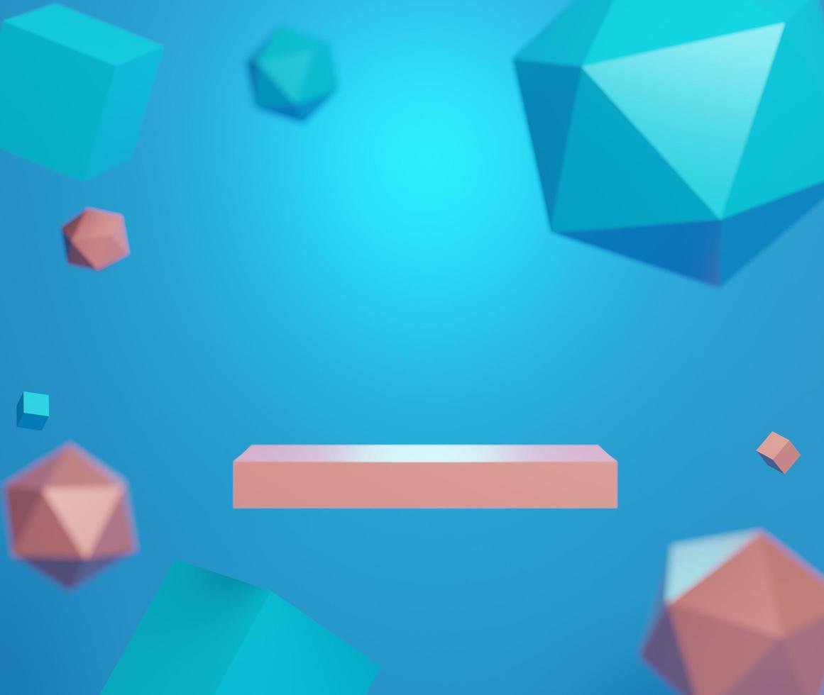 3d abstract minimalist geometric forms. Neon scene with cube that floating on the air and podium for your design. Fashion show stage,pedestal, shopfront with blue theme. photo